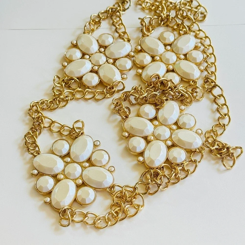 VTG Gold Tone Metal Chain Regal Pearl Belt Necklace‎ Couture chunky Retro 49